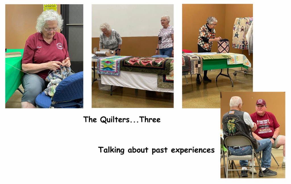 People knitting, looking at quilts, and socializing.